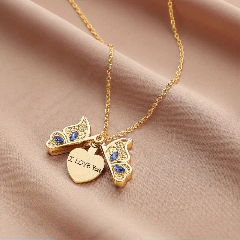 Close-up of I Love You engraved butterfly pendant