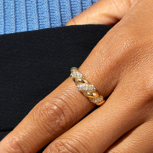 Model wearing Twilight Vine Ring, side view highlighting design