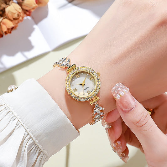 Gold finish Mermaid Pull Cord Quartz Watch with rhinestone-encrusted bezel