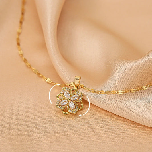Rotatable Four-Leaf Clover Necklace showcasing unique rotating design with sparkling white stones
