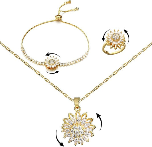 Close-up of Sunflower Mood Jewelry Set highlighting spinning sunflower pendant