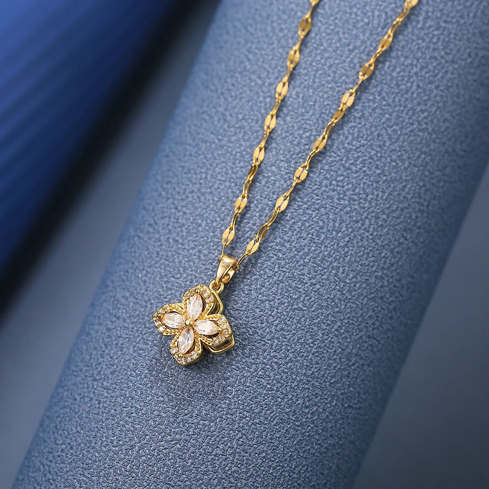 Close-up of Rotatable Four-Leaf Clover Necklace highlighting high-quality titanium steel material and electroplated finish