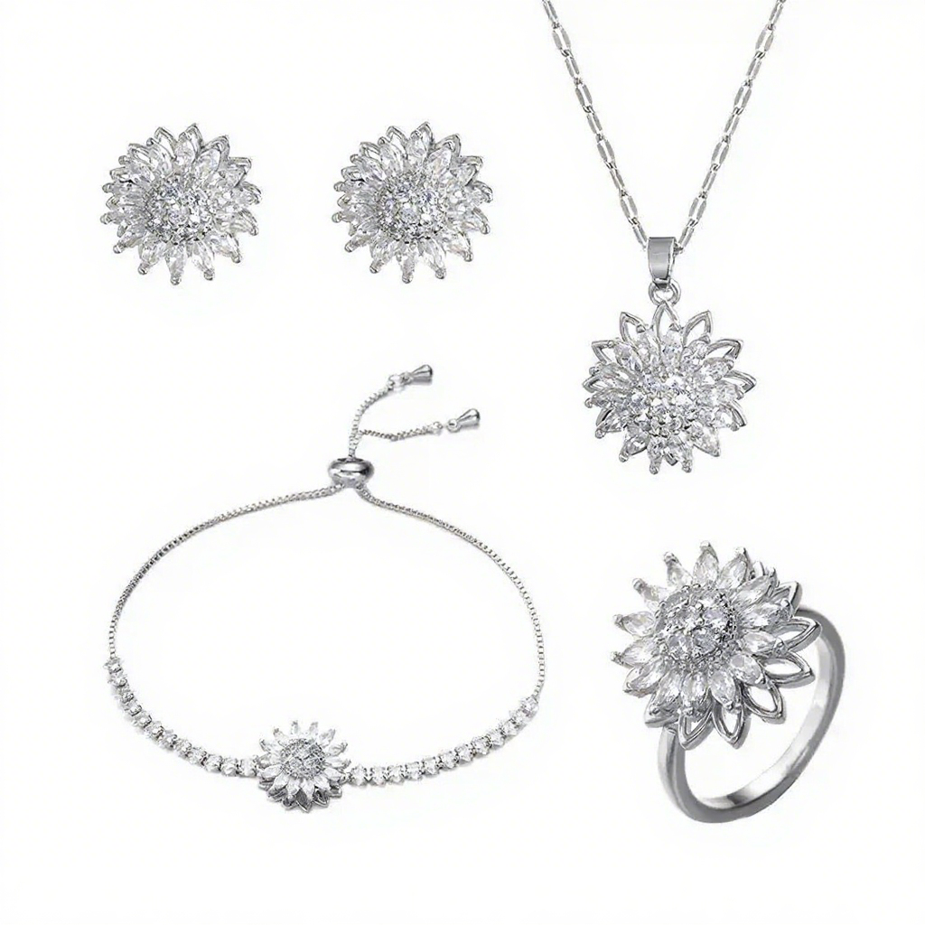 Silver Sunflower Mood Jewelry Set featuring delicate sunflower details