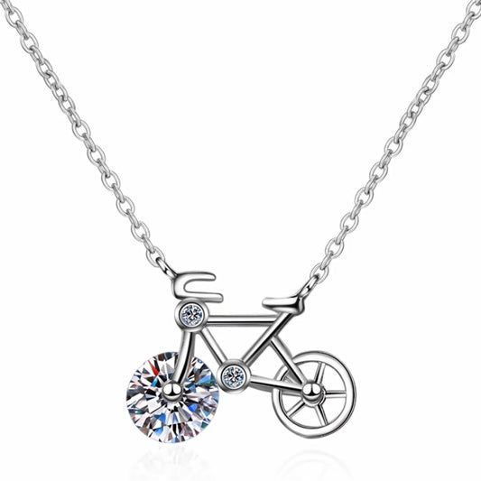 Silver Bicycle Necklace showcasing rotating wheel and moissanite sparkle