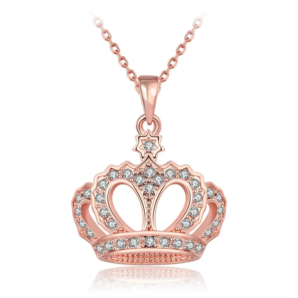 18K rose gold plated crown pendant necklace with cubic zirconia front view