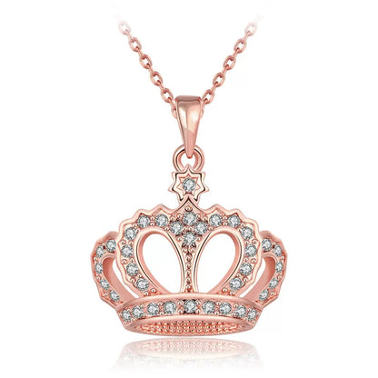 18K rose gold plated crown pendant necklace with cubic zirconia front view