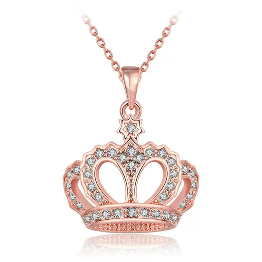 18K rose gold plated crown pendant necklace with cubic zirconia front view