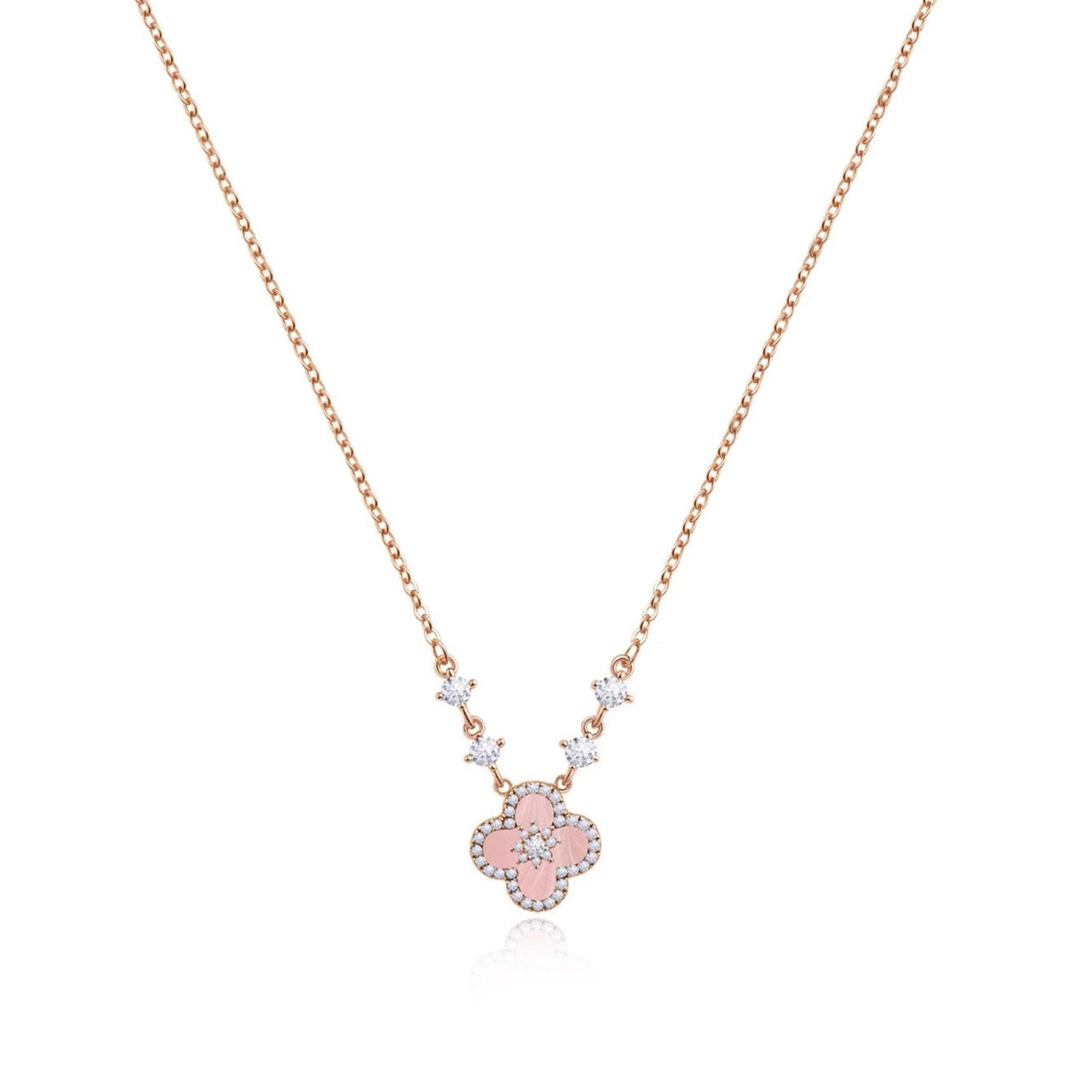 Sakura Cleef Necklace pink four-leaf clover pendant alloy 5A+ cubic zirconia