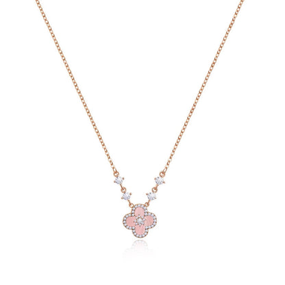 Sakura Cleef Necklace pink four-leaf clover pendant alloy 5A+ cubic zirconia