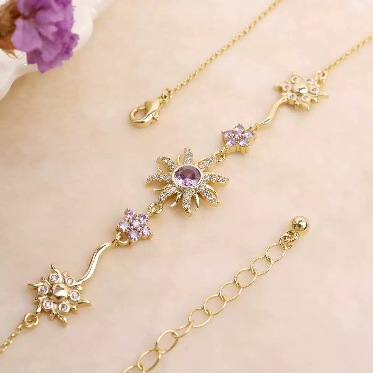 Elegant sunflower pendant necklace featuring purple crystal rhinestone