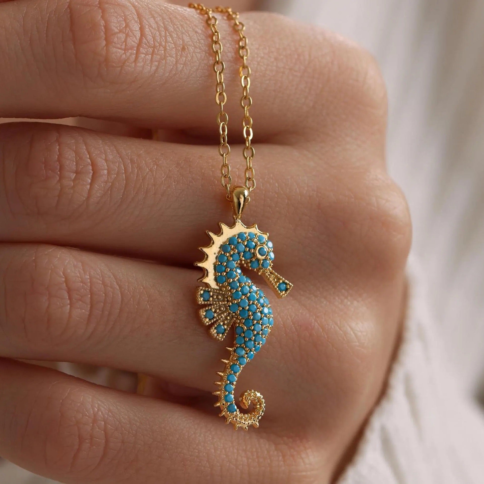 Close-up of Sea Horse Necklace showing intricate pendant design