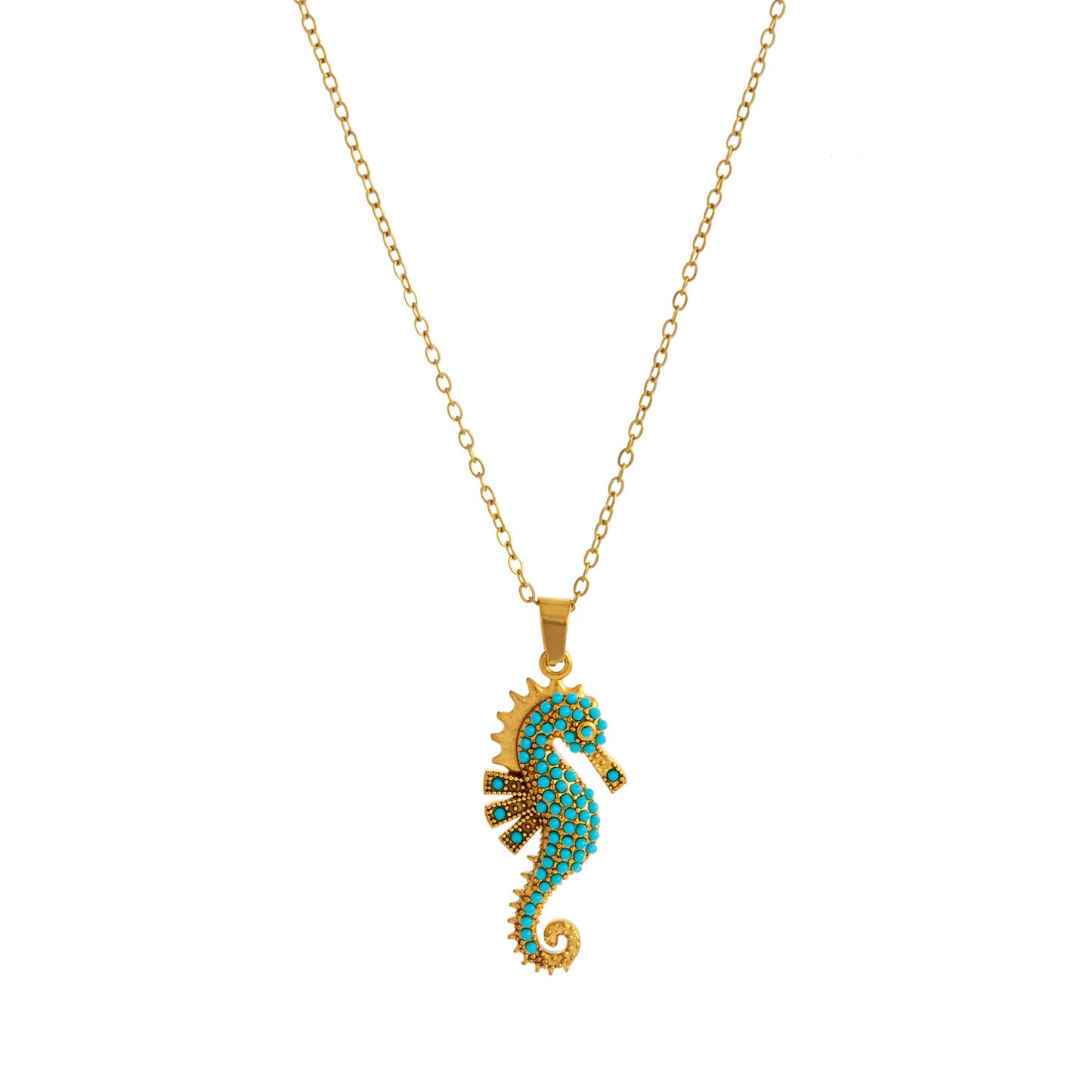 Model styling Sea Horse Necklace with casual chic look
