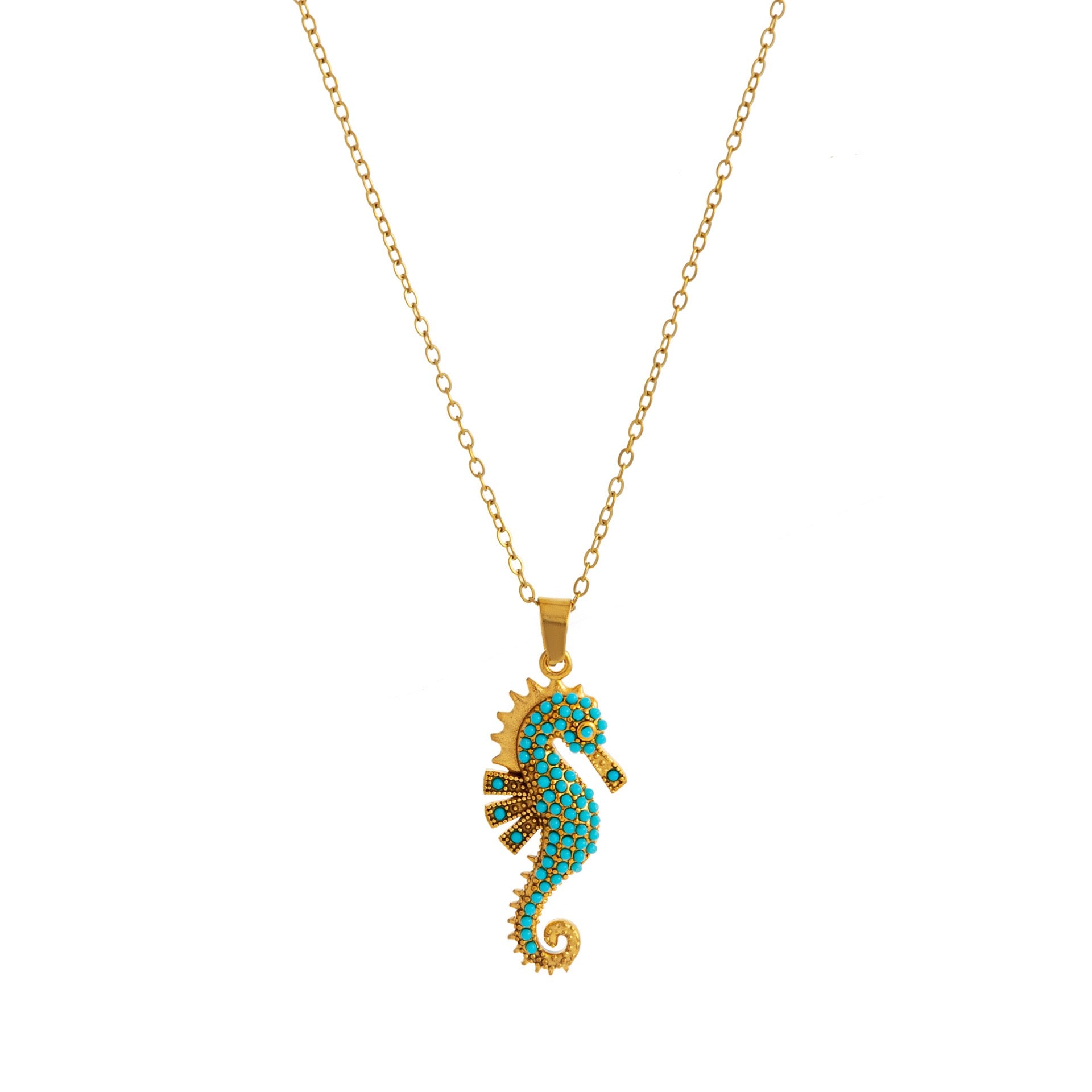 Model styling Sea Horse Necklace with casual chic look