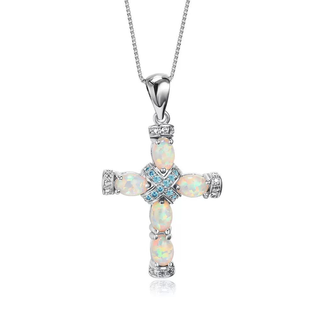 18K Banhado a Ouro Colar com Pendente de Cruz de Opala com Corrente | CotaJewelry