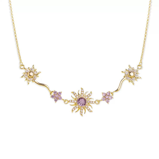 Fairy Tale Sunflower Necklace with purple crystal rhinestone pendant