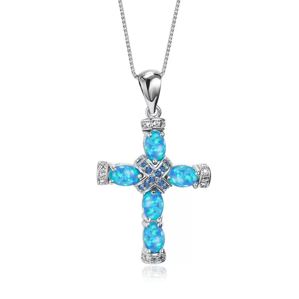 18K gold plated opal cross pendant necklace with chain front view